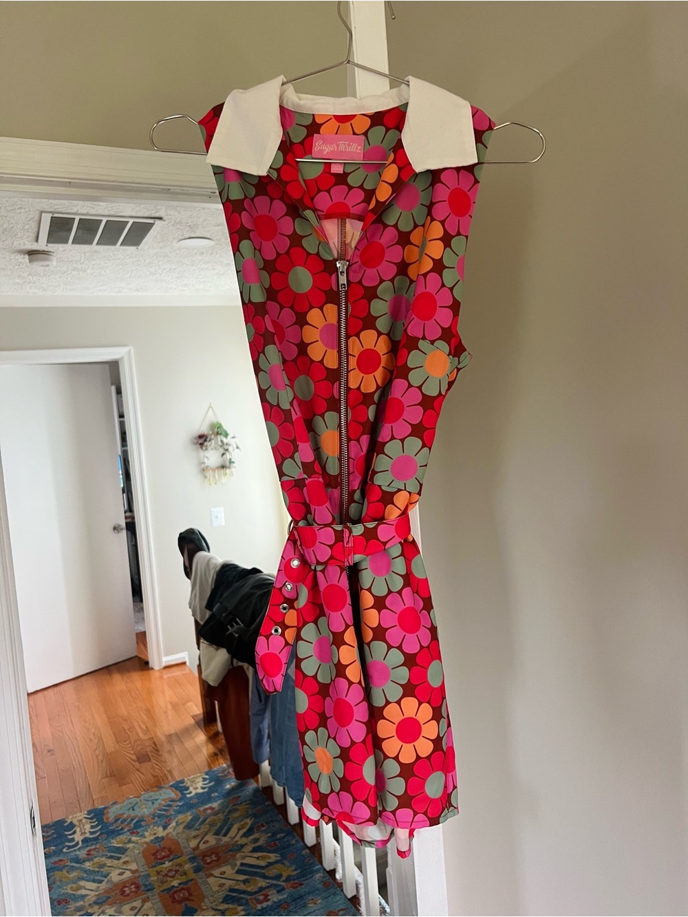 Vintage / Reteo Sugar Thrillz Pink Floral Zip Romper with White Collar - Picture 1 of 5